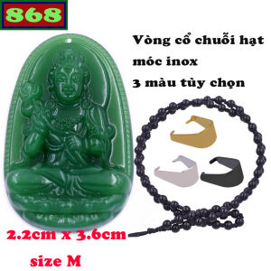 Mặt dây chuyền Phật Đại thế chí đá xanh 2.2 x 3.6 cm 3.2 x 5 cm kèm vòng cổ hạt chuỗi đá đen + móc inox Phật bản mệnh