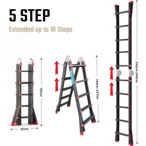 5 STEP Black Transformable Telescopic Extendable Ladder Heavy Duty Aluminium Alloy Thickened Ladder Multi-purpose Foldable Ladder