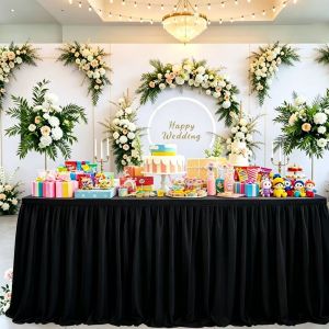 签到台桌裙 Pleated Table Skirting Polyester Skirt Cloth Wedding Banquet Hotel Party Event Decor Hook Loop Reusable Meja Kain