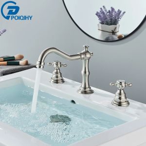 Antique Brass Bathroom Mixer Taps Widespread Basin Faucet Dual Handles Hot and Cold Tap Deck Mounted Brass Basin Sink Faucet