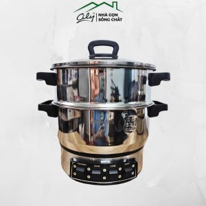Nồi Lẩu Nồi Hấp Điện Đa Năng Inox LONGLI Size 26cm/28cm/30cm – Công Suất 2100W Nút Điều Khiển 5 Mức Nhiệt BH 1 Năm