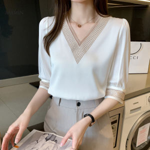 AMMIN 2021 spring new mid-sleeve white chiffon shirt fashion embroidery hollow stitching V-neck short-sleeved blouse tops