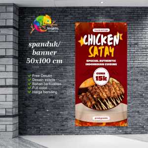 Cetak Spanduk Banner Red & White Minimalist Food Promotion Chicken Satay