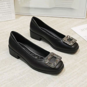 [Free Shipping] Soft Leather Square-Toe Chunky-Heel Pumps For Women Featuring Rhinestone Square Buckles Mid-Heel Versatile Comfortable Suitable For Work Professional Black Work Shoes For Women
