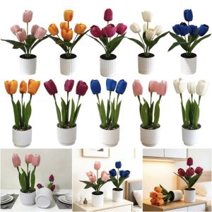 NUBE 3/5 Heads Artificial Tulip Flower Bonsai White Flowerpot Photo Props Faux Flower Potted Creative Multicolor Simulation Flower Bonsai Home Decoration