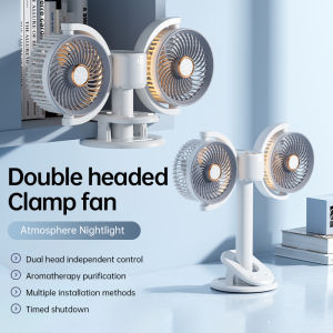 Dual Head Multifunctional Portable Dual Desktop Fan With Night Light Adjustable Height USB Charging Outdoor Clip On Fan