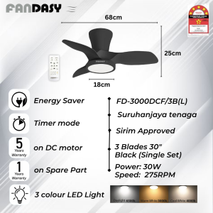 FANDASY 30"// 32 // 42‘’ // 52‘’ DC Motor Ceiling Fan with LED Light Remote Control Type Kipas Siling 3 Blades 6 Speed 吊风扇
