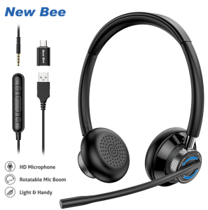 New Bee H361 USB Business Headphone with Microphone Mute Earphone Business Headset Comfort-fit Office Computer Headphone On-Ear 3.5mm Jack Call Center Headset for Cell Phone