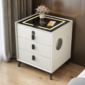 Light luxury solid wood smart bedside table multi-function Bluetooth speaker + wireless charging support all models fingerprint unlocking + atmosphere light modern minimalist home essential