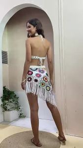 Whl Summer Bohemian Style Swimsuit/Knitted Hollow Crochet Halter V-Neck Tube Top+Irregular Short Skirt Two-Piece Suit