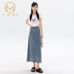 F.MIGA C70 Korean High Waist A-Line 3/4 Rok Denim Midi Jeans Wanita - Abu-abu