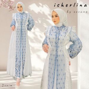 iSHERLINA one set outer tile bordir setelan gamis putih rok tutu busui utk raya lebaran kondangan pesta lamaran bridesmaid