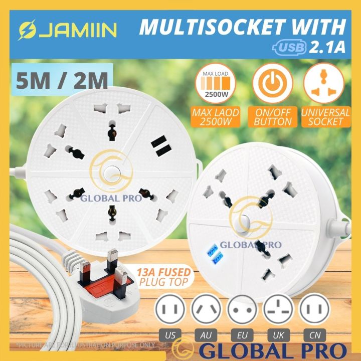 2MTR / 5MTR JAMIIN 3WAY / 5WAY+ 2 USB Multi Socket Universal Extension ...