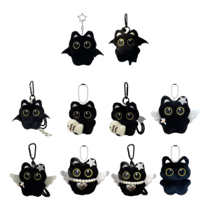 Black Plush Cat Keychain With Ghostly Wing Adorable Lovely Style Bag Charm Gift For Women Girls Holiday Favors
