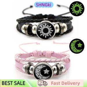 SHNGki 2Pcs Luminous Couple Bracelets Sun Moon Adjustable Black Braided Bracelet Friendship Fashion Romantic Jewelry Birthday Gifts
