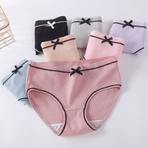 5PCs Japanese-Style Womens Panties Womens Cotton Student Korean-Style Threaded Mid-Waist Cute plus Size Boxers