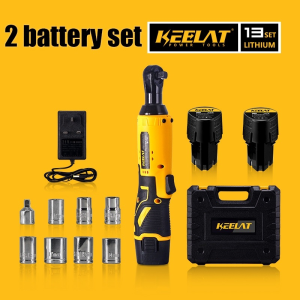 KEELAT Cordless Ratchet Wrench Top High-quality 3/8 electric Wrench Right Angle Wrench Tool with 2 Battery Charger Kit  Lithium Battery Rechargeable Drill Screwdriver Screw Nut Repair hardware Tool