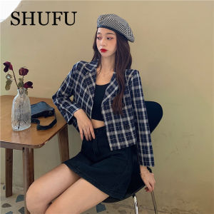 SHUFU 2605 Ready Stock INS formal top for women korean style lapel checked long sleeves jacket plus size blazers