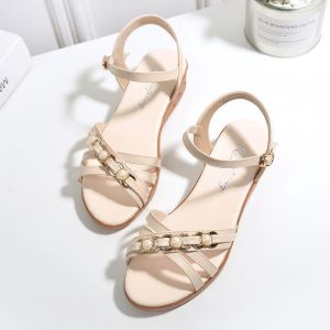 Leather Sandals Womens Sandals Summer Flat Middle-Aged Mom Shoes Soft Bottom Non-Slip 41 plus Size 42 Womens Shoes 34 Small Size 33 Manufacturer ㏇L0529