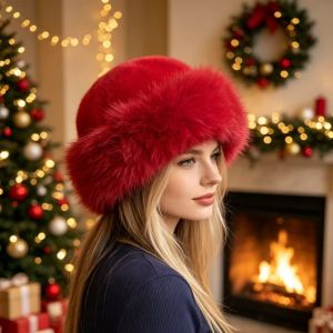 RUCHO Thick Plush Christmas Fur Hat Round Top Faux Fur Plush Bucket Hats Warm Winter Beanie Windproof Fluffy Trapper Cap Festival Party