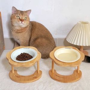 OUTOPEN Wooden Cat Bowl Cute Ceramic Pet High Foot Bowl Food Dispenser Large Capacity Dog Food Feeding Basin Neck Protection