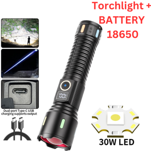 30W LED Zoomable Flashlight USB Charging Powerful Zoom Lamp Power Display Handheld Powerful Flashlight 5 Gears