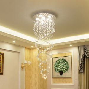 Modern LED Double Spiral Crystal Chandelier Lighting for Foyer Stair Staircase Bedroom Hotel Hall Ceiling Hanging Suspension Lamp