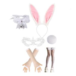 Women Bunnies Costume Including Ear HeadbandBowtie CollarCuffs and Tail Accessories for Easter Halloween Cosplay Party