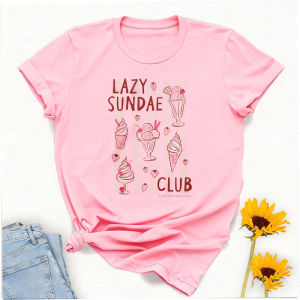[Local Stock] HBESTY  Women Lazy Sundae Club Ice Cream Cone Striped Print T Shirt Pink Sketch Graphic Cotton Tee Sweet Casual Daily Ladies Summer Tops