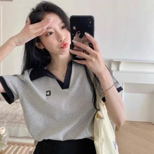 SELLDA M-2XL Women Cotton Top Korean Style Polo Shirt Embroidery Short Sleeve T-shirt