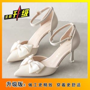 Free Shipping Mid-Heel Thin-Heel Bow-Knot Flats 2026 Summer New Style Gentle And Elegant Perfect With Dresses Pointed-Toe High Heels For Women
