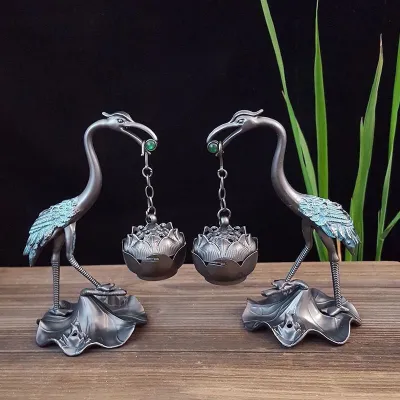Lư Hương Mạ Đồng Hạc Ngậm Hoa Sen và Hộp Nhang Trầm 100 Nụ Đủ Màu. LKP