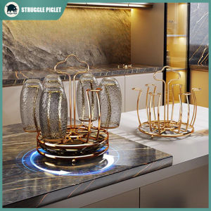 Gold 360° Rotation Glass&Cup Holder With Water Drain Tray Mug&Cup Organizer Glass Storage Rack