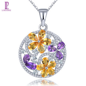 Lohaspie Jewelry Real 2.3 Carats Sterling Silver 925 Original Pendant Natural Citrine Purple Gemstone Multicolor Stone Citrine Stone Original Pendant Women Fashion Pendant Jewelry