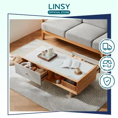 LINSY Ebber Coffee Table Modern Living Room Coffee Table Wood Light Grey White