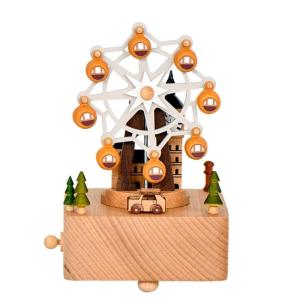 Elegant Clock Tower And Ferris Wheel Wooden Music Box Rotating Miniature Collectible Ornament For Shelf Decoration Gift