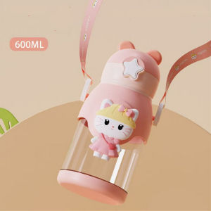 600ml Kids Cartoon Water Bottle with Straw Students Large Capacity Straw Water Cup