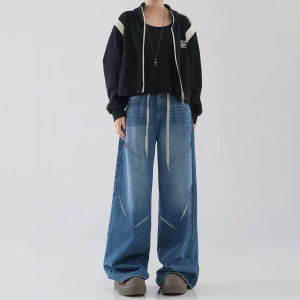 Celana Jeans Panjang Wanita Elastic Waist Celana Korea HW Celana Straight Pants Biru tua