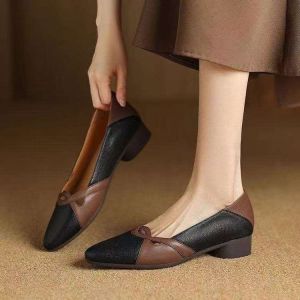 Free Shipping Retro Shallow-Toe WomenS Single Shoes New Style For Autumn 2026 Slip-On Color-Blocked Mid-Toe Pointed-Toe Commuter Leather Shoes