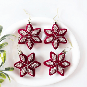 RL5LBR 4/6PCS Exquisite Flocked Finial Christmas Ball Hand-painted Hexagram Velvet Christmas Ball Set Creative DIY Long Finial Hanging Ornaments Home Decor