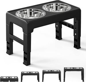TROMEE Pet Dog Food Bowl Stainless Steel with Adjustable Foldable Table 4 Heights for Pet 2 Bowls Multipurpose Double Dog Bowl
