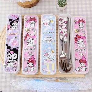 Sanrio High Quality 304 Stainless Steel Tableware Kids Spoon Fork Chopsticks Set Reusable Portable School Bento Cutlery
