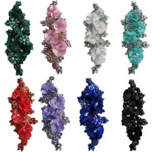 NAELIN Rhinestone Beaded Bead Lace Applique 3D Crystal Sparkling Glass Bead Rope Embroidery Patch Floral Dress Iron On Floral Applique Wedding Dress