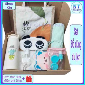 Set combo đồ dùng đi du lịch đi chơi mùa hè gòm có 7 món túi cói mini túi rút đựng đồ bình nước thủy tinh hộp đựng kem và bàn chải đánh răng bộ chiếc mỹ phẩm bịt mắt hình gấu bình xịt móc khóa phun sương trái tim nt charint