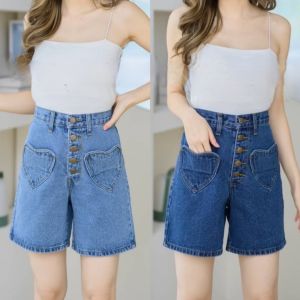 shopth777 กางเกงยีนส์ ขาสั้น 3 ส่วน ไม่สั้นมาก กระเป๋าหัวใจ ดีเทลกระดุม ป้าย CNG พร้อมส่ง S-6XL กางเกง สาวอวบ PlusSize