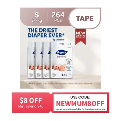 Drypers SuperDry Premium Tape Baby Diaper S 66s x 4 (3-7kg) - Case