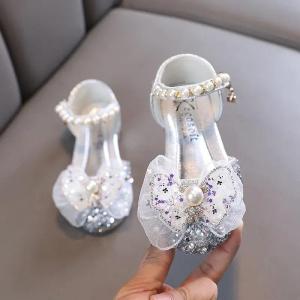 New Girl Princess Sandals Spring Summer Children Bling Bow Leather Sandals Fashion Baby Kids Pearl Flat Non-slip Sandals I10279