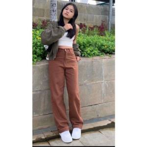 Rilands.id Celana Cargo Jeans Wanita Premium Highwaist Loose Tali Pinggang J41 Korean Style Terbaru