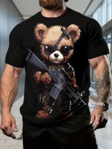 Mens Print Streetwear T-Shirt Cartoon Bear Pattern O-Neck Short Sleeve Summer Casual Urban Fashion Hip-Hop Style Mens Clothes