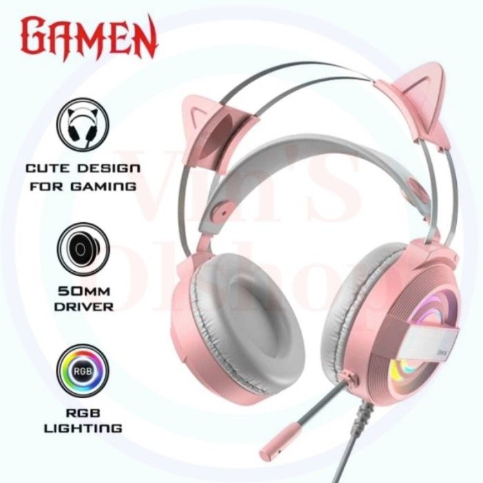 Headset Gaming Gamen GH1100 Cat Pink Edition Headphone Gaming